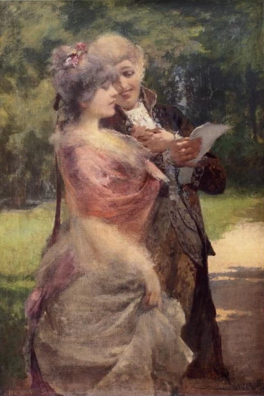 Fidanzati nel parco, da 'Temi d'amore nella pittura di Egisto Lencerotto' - pag